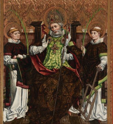 Zdjęcie nr 1: Nastawa ołtarzowa w formie tryptyku z ruchomymi skrzydłami. Na środku scena ze św. Stanisławem tronującym między św. Mikołajem i św. Wawrzyńcem. Na skrzydłach przedstawiono pary świętych: po lewej u góry św. Jana Chrzciciela i św. Andrzeja, na dole św. biskupa z księgą oraz św. biskupa z wrzecionem. Po prawej u góry św. Macieja i św. Jakuba, poniżej św. Michała Archanioła i św. Jerzego. Na zamkniętych skrzydłach również pary świętych: na lewym u góry św. Urban i św. Walenty, poniżej św. Klara i św. Otylia. Na prawym u góry św. helena i św. Zofia , na dole św. Apolonia i św. Afra. 