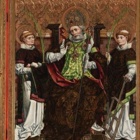 Zdjęcie nr 1: Nastawa ołtarzowa w formie tryptyku z ruchomymi skrzydłami. Na środku scena ze św. Stanisławem tronującym między św. Mikołajem i św. Wawrzyńcem. Na skrzydłach przedstawiono pary świętych: po lewej u góry św. Jana Chrzciciela i św. Andrzeja, na dole św. biskupa z księgą oraz św. biskupa z wrzecionem. Po prawej u góry św. Macieja i św. Jakuba, poniżej św. Michała Archanioła i św. Jerzego. Na zamkniętych skrzydłach również pary świętych: na lewym u góry św. Urban i św. Walenty, poniżej św. Klara i św. Otylia. Na prawym u góry św. helena i św. Zofia , na dole św. Apolonia i św. Afra. 