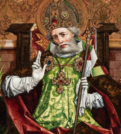 Zdjęcie nr 13: Nastawa ołtarzowa w formie tryptyku z ruchomymi skrzydłami. Na środku scena ze św. Stanisławem tronującym między św. Mikołajem i św. Wawrzyńcem. Na skrzydłach przedstawiono pary świętych: po lewej u góry św. Jana Chrzciciela i św. Andrzeja, na dole św. biskupa z księgą oraz św. biskupa z wrzecionem. Po prawej u góry św. Macieja i św. Jakuba, poniżej św. Michała Archanioła i św. Jerzego. Na zamkniętych skrzydłach również pary świętych: na lewym u góry św. Urban i św. Walenty, poniżej św. Klara i św. Otylia. Na prawym u góry św. helena i św. Zofia , na dole św. Apolonia i św. Afra. 