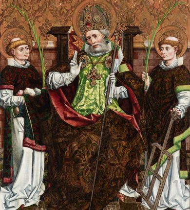 Zdjęcie nr 2: Nastawa ołtarzowa w formie tryptyku z ruchomymi skrzydłami. Na środku scena ze św. Stanisławem tronującym między św. Mikołajem i św. Wawrzyńcem. Na skrzydłach przedstawiono pary świętych: po lewej u góry św. Jana Chrzciciela i św. Andrzeja, na dole św. biskupa z księgą oraz św. biskupa z wrzecionem. Po prawej u góry św. Macieja i św. Jakuba, poniżej św. Michała Archanioła i św. Jerzego. Na zamkniętych skrzydłach również pary świętych: na lewym u góry św. Urban i św. Walenty, poniżej św. Klara i św. Otylia. Na prawym u góry św. helena i św. Zofia , na dole św. Apolonia i św. Afra. 