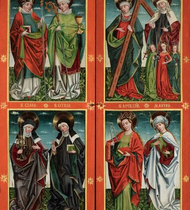 Zdjęcie nr 21: Nastawa ołtarzowa w formie tryptyku z ruchomymi skrzydłami. Na środku scena ze św. Stanisławem tronującym między św. Mikołajem i św. Wawrzyńcem. Na skrzydłach przedstawiono pary świętych: po lewej u góry św. Jana Chrzciciela i św. Andrzeja, na dole św. biskupa z księgą oraz św. biskupa z wrzecionem. Po prawej u góry św. Macieja i św. Jakuba, poniżej św. Michała Archanioła i św. Jerzego. Na zamkniętych skrzydłach również pary świętych: na lewym u góry św. Urban i św. Walenty, poniżej św. Klara i św. Otylia. Na prawym u góry św. helena i św. Zofia , na dole św. Apolonia i św. Afra. 