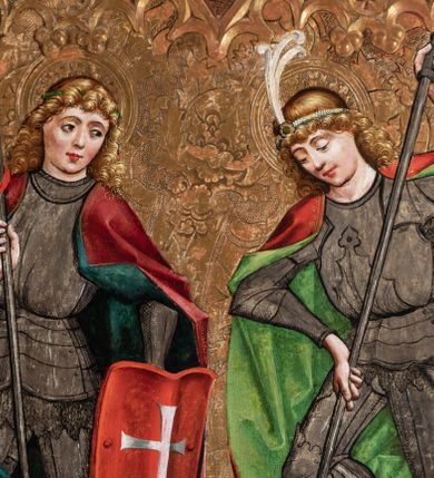 Zdjęcie nr 4: Nastawa ołtarzowa w formie tryptyku z ruchomymi skrzydłami. Na środku scena ze św. Stanisławem tronującym między św. Mikołajem i św. Wawrzyńcem. Na skrzydłach przedstawiono pary świętych: po lewej u góry św. Jana Chrzciciela i św. Andrzeja, na dole św. biskupa z księgą oraz św. biskupa z wrzecionem. Po prawej u góry św. Macieja i św. Jakuba, poniżej św. Michała Archanioła i św. Jerzego. Na zamkniętych skrzydłach również pary świętych: na lewym u góry św. Urban i św. Walenty, poniżej św. Klara i św. Otylia. Na prawym u góry św. helena i św. Zofia , na dole św. Apolonia i św. Afra. 