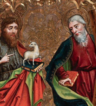 Zdjęcie nr 8: Nastawa ołtarzowa w formie tryptyku z ruchomymi skrzydłami. Na środku scena ze św. Stanisławem tronującym między św. Mikołajem i św. Wawrzyńcem. Na skrzydłach przedstawiono pary świętych: po lewej u góry św. Jana Chrzciciela i św. Andrzeja, na dole św. biskupa z księgą oraz św. biskupa z wrzecionem. Po prawej u góry św. Macieja i św. Jakuba, poniżej św. Michała Archanioła i św. Jerzego. Na zamkniętych skrzydłach również pary świętych: na lewym u góry św. Urban i św. Walenty, poniżej św. Klara i św. Otylia. Na prawym u góry św. helena i św. Zofia , na dole św. Apolonia i św. Afra. 