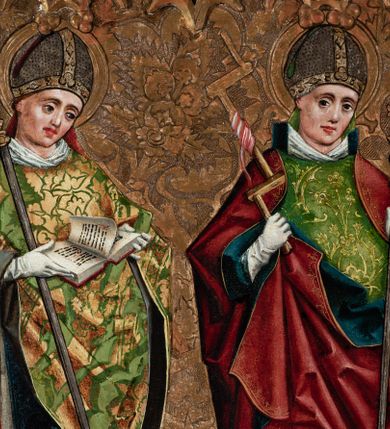 Zdjęcie nr 7: Nastawa ołtarzowa w formie tryptyku z ruchomymi skrzydłami. Na środku scena ze św. Stanisławem tronującym między św. Mikołajem i św. Wawrzyńcem. Na skrzydłach przedstawiono pary świętych: po lewej u góry św. Jana Chrzciciela i św. Andrzeja, na dole św. biskupa z księgą oraz św. biskupa z wrzecionem. Po prawej u góry św. Macieja i św. Jakuba, poniżej św. Michała Archanioła i św. Jerzego. Na zamkniętych skrzydłach również pary świętych: na lewym u góry św. Urban i św. Walenty, poniżej św. Klara i św. Otylia. Na prawym u góry św. helena i św. Zofia , na dole św. Apolonia i św. Afra. 