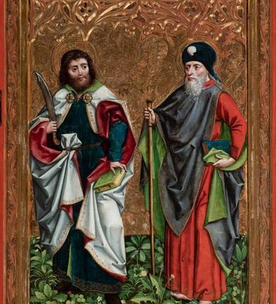 Zdjęcie nr 9: Nastawa ołtarzowa w formie tryptyku z ruchomymi skrzydłami. Na środku scena ze św. Stanisławem tronującym między św. Mikołajem i św. Wawrzyńcem. Na skrzydłach przedstawiono pary świętych: po lewej u góry św. Jana Chrzciciela i św. Andrzeja, na dole św. biskupa z księgą oraz św. biskupa z wrzecionem. Po prawej u góry św. Macieja i św. Jakuba, poniżej św. Michała Archanioła i św. Jerzego. Na zamkniętych skrzydłach również pary świętych: na lewym u góry św. Urban i św. Walenty, poniżej św. Klara i św. Otylia. Na prawym u góry św. helena i św. Zofia , na dole św. Apolonia i św. Afra. 