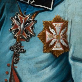 Zdjęcie nr 1: Portret biskupa ukazanego do pasa, w komży, niebieski mucet, na którym krzyż pektoralny, order Orła Białego z gwiazdą opatrzoną dewizą Pro Fide, Lege et Rege (Za wiarę, Prawo i Króla).  W lewym górnym narożu napis: „X. Kajetan Ignacy Sołtyk / Biskup krakowski. / *1715; +1788." Na odwrocie napis zdublowanego płótna napis czarną farbą: "Nicolaus Janowski Pinxit / Cracovia".  
