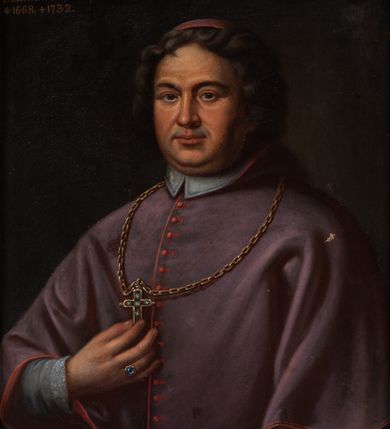 Zdjęcie nr 1: Portret biskupa Felicjana Szaniawskiego, ukazanego do pasa, w trzech czwartych, w komży i fioletowym mucecie, z krzyżem pektoralnym na piersi przytrzymywanym prawą dłonią, z piuską na głowie. W górnym lewym rogu napis: &quot;X. Felicyan Konstanty / Szaniawski. Biskup krakowski. / *1668; +1732&quot;.