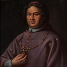 Zdjęcie nr 1: Portret biskupa Felicjana Szaniawskiego, ukazanego do pasa, w trzech czwartych, w komży i fioletowym mucecie, z krzyżem pektoralnym na piersi przytrzymywanym prawą dłonią, z piuską na głowie. W górnym lewym rogu napis: "X. Felicyan Konstanty / Szaniawski. Biskup krakowski. / *1668; +1732".