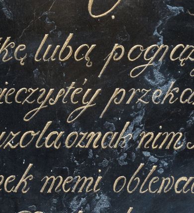 Zdjęcie nr 1: Epitafium w formie kamiennej tablicy w kształcie leżącego prostokąta. W ujętym prostym, złoconym obramowaniem wciętym w narożach z motywami rozetek polu ryty napis „D(EO) O(PTIMO) M(AXIMO) / Oyca i Matkę lubą pogrążył los w grobie / A mnie tęskną wieczystey przekazał żałobie / Wznoszę Mauzola oznak nim się złączę z wami, / Bym go co ranek memi oblewała łzami. / Regina z Biczów Dzielawska prosi o pobożne / westchnienie. / Dnia 9go Września 1828go Roku.”  