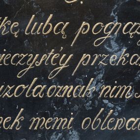 Zdjęcie nr 1: Epitafium w formie kamiennej tablicy w kształcie leżącego prostokąta. W ujętym prostym, złoconym obramowaniem wciętym w narożach z motywami rozetek polu ryty napis „D(EO) O(PTIMO) M(AXIMO) / Oyca i Matkę lubą pogrążył los w grobie / A mnie tęskną wieczystey przekazał żałobie / Wznoszę Mauzola oznak nim się złączę z wami, / Bym go co ranek memi oblewała łzami. / Regina z Biczów Dzielawska prosi o pobożne / westchnienie. / Dnia 9go Września 1828go Roku.”  