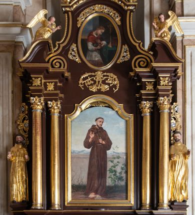 Zdjęcie nr 1: Ołtarz architektoniczny, jednokondygnacyjny, jednoosiowy, ze zwieńczeniem. Ołtarz prostopadłościenny, z drewnianą mensą. Antepedium ujęte profilowaną, polichromowaną ramą zdobioną ornamentyką roślinną. Błękitne pole ujęte jest kwietną bordiurą, pośrodku polichromowana dekoracja w formie inicjałów AS wplecionych w kwiaty białych lilii. Retabulum osadzone na wysokim, zdwojonym cokole, ujęte dwiema parami kolumn, z których zewnętrzne wysunięte do przodu, ustawionych na tle zdwojonych pilastrów. Podpory podtrzymują przerwane, wyłamujące się ponad nimi belkowanie. Zwieńczenie ujęte parą spływów wolutowych i zamknięte nadwieszonym łukiem odcinkowym. Po bokach ujęte przerwanym, wolutowym przyczółkiem. Pola cokołu retabulum zdobią płyciny z wydłużonymi rozetami, pośrodku kompozycja z wici akantu z rozetką. Część środkową retabulum ujmuje para ażurowych uszaków rocaille’owych z motywami rozetek. W partii przerwanego belkowania jest ornament roślinnego z motywem chrząstki, we fryzie rozety. Pole zwieńczenia zdobi stylizowana ornamentyka roślinna, gzyms motyw astragalu. Szczyt w formie ażurowej konchy ujętej po bokach parą wazonów z kwiatami słonecznika. Na przerwanym przyczółku para aniołków w złoconych szatach. Pole części środkowej w kształcie stojącego prostokąta zamkniętego półkolistym łukiem nadwieszonym z uskokami, ujęte profilowaną, złocono-srebrzoną ramą, z przedstawieniem św. Antoniego Padewskiego, na zasuwie obraz św. Franciszka z Asyżu. Retabulum ujmuje para figur niezidentyfikowanych świętych zakonników. W polu zwieńczenia, w owalnej ramie obraz  św. Roberta Bellarmina. Struktura w kolorze ciemnobrązowym, detal architektoniczny i ornamentyka złocone i posrebrzane.