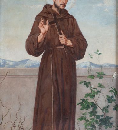 Zdjęcie nr 3: Ołtarz architektoniczny, jednokondygnacyjny, jednoosiowy, ze zwieńczeniem. Ołtarz prostopadłościenny, z drewnianą mensą. Antepedium ujęte profilowaną, polichromowaną ramą zdobioną ornamentyką roślinną. Błękitne pole ujęte jest kwietną bordiurą, pośrodku polichromowana dekoracja w formie inicjałów AS wplecionych w kwiaty białych lilii. Retabulum osadzone na wysokim, zdwojonym cokole, ujęte dwiema parami kolumn, z których zewnętrzne wysunięte do przodu, ustawionych na tle zdwojonych pilastrów. Podpory podtrzymują przerwane, wyłamujące się ponad nimi belkowanie. Zwieńczenie ujęte parą spływów wolutowych i zamknięte nadwieszonym łukiem odcinkowym. Po bokach ujęte przerwanym, wolutowym przyczółkiem. Pola cokołu retabulum zdobią płyciny z wydłużonymi rozetami, pośrodku kompozycja z wici akantu z rozetką. Część środkową retabulum ujmuje para ażurowych uszaków rocaille’owych z motywami rozetek. W partii przerwanego belkowania jest ornament roślinnego z motywem chrząstki, we fryzie rozety. Pole zwieńczenia zdobi stylizowana ornamentyka roślinna, gzyms motyw astragalu. Szczyt w formie ażurowej konchy ujętej po bokach parą wazonów z kwiatami słonecznika. Na przerwanym przyczółku para aniołków w złoconych szatach. Pole części środkowej w kształcie stojącego prostokąta zamkniętego półkolistym łukiem nadwieszonym z uskokami, ujęte profilowaną, złocono-srebrzoną ramą, z przedstawieniem św. Antoniego Padewskiego, na zasuwie obraz św. Franciszka z Asyżu. Retabulum ujmuje para figur niezidentyfikowanych świętych zakonników. W polu zwieńczenia, w owalnej ramie obraz  św. Roberta Bellarmina. Struktura w kolorze ciemnobrązowym, detal architektoniczny i ornamentyka złocone i posrebrzane.