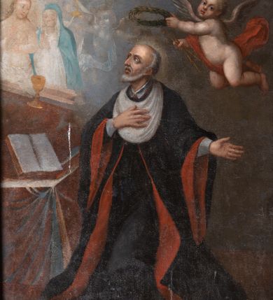 Zdjęcie nr 5: Ołtarz architektoniczny, jednokondygnacyjny, jednoosiowy ze zwieńczeniem. Ołtarz murowany, prostopadłościenny z murowaną mensą i kamiennym portatylem. Antepedium drewniane, w formie leżącego prostokąta ujętego ramą, w polu scena „Zdjęcie z krzyża” według Rogera van der Wydena.  Retabulum osadzone na cokole o zryzalitowanych bokach, na których ustawiona para kolumn ujmujących część środkową nastawy i wspierających wyłamujące się ponad nimi, przerwane w partii architrawu i wybrzuszonego fryzu belkowanie z silnie wysuniętym gzymsem. Zwieńczenie, w formie bujnego, akantowego kartusza ujmuje  przerwany, półokrągły przyczółek. Pola cokołu retabulum zdobią motywy odwróconych kampanuli. Część środkową nastawy ujmuje para ażurowych uszaków z bujnego akantu. W dolnej partii pola środkowego motyw wici akantu i wieńcy laurowych, w górnej natomiast para związanych kokardą ukwieconych gałązek różanych. W zwieńczeniu motyw główki anielskiej oraz trzy figury ubranych w złocone szaty aniołów – jeden w szczycie, dwóch na przerwanym przyczółku. W polu środkowym części retabulum wnęka w kształcie stojącego prostokąta zamkniętego półkolistym łukiem nadwieszonym, ujęta rzeźbioną, złocono-srebrzoną ramą. W środku, figura św. Walentego, na zasuwie obraz przedstawiający św. Jana Kantego. Po bokach nastawy para figur aniołów w złocono-srebrzonych szatach ustawionych na impostach wspartych na parze wolut. Pośrodku zwieńczenia obraz w kształcie stojącego owalu z wizerunkiem św. Marcina z Tours. Struktura marmoryzowana w odcieniach niebieskości i złota, detal architektoniczny i ornamentyka złocone i srebrzone.     
