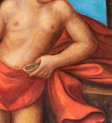 Zdjęcie nr 6: Obraz w kształcie stojącego prostokąta, zamkniętego łukiem nadwieszonym, przedstawiający św. Jana Chrzciciela. W centrum kompozycji ustawiony święty, delikatnie zwrócony i przechylony w lewo, z prawą nogą wysuniętą do przodu, oparty ugiętą w łokciu lewą ręką o skałę, w prawej dłoni trzyma krzyż. Twarz owalna o rysach młodzieńczych, z pulchnymi policzkami, drobnymi ustami, szerokim nosem i wzrokiem skierowanym w bok. Włosy średniej długości, kędzierzawe. Święty ubrany jest w czerwony płaszcz na wysokości bioder, który odsłania nagi tors i nogi, jeden jego koniec święty trzyma w lewej dłoni. Na stopach ma założone sandały. U jego stóp leży baranek. Krzyż długi, opleciony białą banderolą z napisem „ECCE AGNUS DEI QUI TOLLIT PECC[ATA]”. W oddali widać dwa wysokie drzewa i błękitne niebo. Rama drewniana, profilowana i złocona.