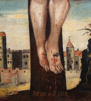 Zdjęcie nr 11: Obraz w kształcie stojącego prostokąta, przedstawiający ukrzyżowanego Chrystusa. W centrum kompozycji jest ukazany Zbawiciel, przybity do krzyża trzema gwoździami. Ciało w dużym zwisie o wyraźnie podkreślonej muskulaturze, esowato wygięte, ręce ułożone na kształt litery „V”, głowa przechylona delikatnie na prawe ramię. Twarz podłużna z  długim nosem, delikatnie rozchylonymi ustami, okolona średniej długości brodą. Włosy długie, opadające falami na piersi. Na głowie ma założoną koronę cierniową, a wokół niej biały nimb. Biodra opasa luźno przewiązane, białe perizonium z jednym końcem rozwianym wzdłuż lewego uda. Nad głową zawieszony jest titulus w formie białej banderoli z napisem w języku hebrajskim, greckim i łacińskim „IESVS NASA/RENVS REX / IVDAEORVM”. Chrystus ma zaznaczone na ciele liczne ślady męki i spływające obficie strużki krwi. U dołu obrazu widoczny jest pejzaż miejski, a po prawej stronie wysokie wzniesienie z przekrzywionym, niewielkim drzewem. Tło obrazu jest ciemne i pochmurne z księżycem po lewej stronie i słońcem po prawej, wyłaniającymi się z ciemnych obłoków. Na dole krzyża umieszczony jest napis: „Reno[vatum] A(nno) D(omini) 1812”, a na odwrociu „RENOVATUM / A(NNO) D(OMINI) 1989 / Z FUNDACJI KS(IĘDZA) PRAŁATA / BRONISŁAWA FIDELUSA / KANCLERZA KURII / RODEM Z ZEMBRZYC”. Obraz ujęty jest w drewnianą, profilowaną i złoconą ramę.

