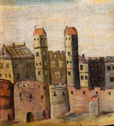 Zdjęcie nr 17: Obraz w kształcie stojącego prostokąta, przedstawiający ukrzyżowanego Chrystusa. W centrum kompozycji jest ukazany Zbawiciel, przybity do krzyża trzema gwoździami. Ciało w dużym zwisie o wyraźnie podkreślonej muskulaturze, esowato wygięte, ręce ułożone na kształt litery „V”, głowa przechylona delikatnie na prawe ramię. Twarz podłużna z  długim nosem, delikatnie rozchylonymi ustami, okolona średniej długości brodą. Włosy długie, opadające falami na piersi. Na głowie ma założoną koronę cierniową, a wokół niej biały nimb. Biodra opasa luźno przewiązane, białe perizonium z jednym końcem rozwianym wzdłuż lewego uda. Nad głową zawieszony jest titulus w formie białej banderoli z napisem w języku hebrajskim, greckim i łacińskim „IESVS NASA/RENVS REX / IVDAEORVM”. Chrystus ma zaznaczone na ciele liczne ślady męki i spływające obficie strużki krwi. U dołu obrazu widoczny jest pejzaż miejski, a po prawej stronie wysokie wzniesienie z przekrzywionym, niewielkim drzewem. Tło obrazu jest ciemne i pochmurne z księżycem po lewej stronie i słońcem po prawej, wyłaniającymi się z ciemnych obłoków. Na dole krzyża umieszczony jest napis: „Reno[vatum] A(nno) D(omini) 1812”, a na odwrociu „RENOVATUM / A(NNO) D(OMINI) 1989 / Z FUNDACJI KS(IĘDZA) PRAŁATA / BRONISŁAWA FIDELUSA / KANCLERZA KURII / RODEM Z ZEMBRZYC”. Obraz ujęty jest w drewnianą, profilowaną i złoconą ramę.

