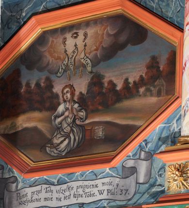 Zdjęcie nr 5: Parapet chóru muzycznego o brzegu linii wypukłej pośrodku, jednokondygnacyjny, siedmioosiowy z dwiema ściankami bocznymi na zakończeniu. Poszczególne osie wydzielone są kolumienkami wspartymi na bazach i niskich cokołach, od dołu ujętymi złoconymi szyszkami, zwieńczone fantazyjnymi kapitelami. Podpory podtrzymują imposty zdobione rozetami oraz niepełne belkowanie w postaci profilowanego gzymsu, wyłamanego na ich osi. W poszczególnych kwaterach umieszczonych jest siedem płycin w kształcie leżących prostokątów, naprzemiennie o bokach ściętych i o bokach wypukłych z uskokami; a na ściankach bocznych dwie płyciny w kształcie stojących prostokątów; w polu znajdują się malowane na desce obrazy. Pod obrazami malowane jasnoszare wstęgi z napisami. Wszystkie osie boczne ujęte są od dołu fantazyjnie wykrojonymi kartuszami, polichromowanymi na niebiesko i ozdobionymi malowaną dekoracją akantową. Struktura jest marmoryzowana w kolorze niebieskim, kolumienki marmoryzowane na kolor różowo-czerwony, profilowania czerwone i bordowe, ornamenty złocone. 

Pierwszy obraz od lewej przedstawia sumarycznie oddany krajobraz z roślinnością na pierwszym planie oraz wysokimi, brązowymi drzewami po prawej stronie. W górnej części kompozycji widnieje jasnoniebieskie niebo.

Drugi obraz ukazuje siedzącą na ziemi Duszę pod postacią człowieka z rękami rozchylającymi suknię na piersi, od której ulatują ku górze strzały. Dusza ma owalną twarz, duże oczy, długi nos oraz duże, delikatnie rozchylone usta. Głowę okalają bujne, średniej długości, rude włosy. Ubrana jest w długą i białą suknię, podkreśloną wyraźnie czarnymi konturami na brzegu i w miejscach draperii szaty. Na jej kolanach leży łuk, a z tyłu kołczan ze strzałami. W górnej części kompozycji w otoku z chmur widnieje przedstawienie Boga pod postacią oka i pary uszu, w których stronę kierują się strzały opisane na białych banderolach westchnieniami:  „Ah!”, „vtinam!”, „Heu!”. Całość ukazana jest na tle oddalonego lasu z kaplicą po prawej stronie. Pod obrazem wstęga z napisem: „Panie przed Tobą wszelkie prágnienie moie, ÿ / wzdÿchanie moie nie iest taÿne Tobie. W Psal(mus) 37.” 

Trzeci obraz przedstawia chorą Duszę, spoczywającą na łożu, przy której czuwa siedzący na stołku Amor Boży, nakładający na nią dłonie. Dusza ubrana jest w jasną koszulę i ma głowę zawiązaną białą chustą. Anioł zwrócony jest trzy czwarte w lewo, ze skrzydłami u pleców i ze skrzyżowanymi nogami. Ubrany jest w jasnoróżową tunikę. Twarz owalna z wydatnymi ustami i dużymi oczami oraz pulchnymi policzkami, okolona krótkimi włosami i kolistym nimbem. Łoże z baldachimem ustawione jest na wysokim cokole, z zawieszoną zieloną kotarą upiętą na bokach, u spodu baldachimu wisi złocony lambrekin. Kompozycja zaaranżowana jest we wnętrzu architektonicznym z półkolistą arkadą po prawej stronie i wiszącym po lewej obrazkiem na ścianie. Pod płyciną wstęga z napisem: „Zmiłuÿ się nademną Panie, albowiem chorÿ iestem uzdow mię / Panie bo zchorzałÿ kośći moie. W Psal(mus) 6.”

Czwarta scena ukazuje Duszę zaprzągniętą w kierat. Dusza z opaską na oczach idzie z wniesionymi rękami, ustawiona tyłem w kierunku widza. Tym razem uobecniona jest pod postacią kobiety z długimi włosami, upiętymi w kok z tyłu głowy. Ubrana jest w długą, szarą suknię z podwiniętymi rękawami. Po lewej stronie obrazu Amor przytrzymuje na postronku Duszę, a w lewej ręce wnosi bicz. Fizjonomia i ubiór anioła jest analogiczny jak we wcześniejszych obrazach. Pośrodku kompozycji znajduje się kierat. Scena przedstawiona jest we wnętrzu architektonicznym z półkolistą arkadą po prawej stronie i prostokątnym oknem po lewej. Otwory ukazują krajobraz z błękitnym niebem. Pod spodem widnieje napis: „Weÿrziÿ na pokorę moię, ÿ ná  pracą moię, á odpuść / mi wszÿstkie wÿstępki moie. W Psal(mus) 24.”

Środkowa partia balustrady wyobraża tzw. krucyfiks mistyczny. Do drzewa przybity jest Amor Boży – Chrystus, a na ziemi siedzi Dusza – Oblubienica. Chrystus przybity jest do drzewa trzema gwoździami. Na głowie ma założoną koronę cierniową. Dusza siedzi na ziemi, widoczna jest z lewego profilu, ma wyprostowane nogi i splecione dłonie, złożone na kolanach, głowę kieruje w stronę Chrystusa. Fizjonomia i ubiór postaci są analogiczne, jak we wcześniejszych scenach. Całość ukazana jest na tle drzew, w oddali widoczne są skały; niebo jest różowo-niebieskie. Pod obrazem napis: „Pod ćieniem tego, którego pragnęłam uśiádłám / Cant(icum canticorum) 2.” 

Kolejny obraz ilustruje Duszę uwięzioną w klatce, do której schwytała ją Śmierć. Dusza leży na ziemi z prawą ręką wzniesioną ku górze, lewą trzyma na sakiewce z pieniędzmi. Fizjonomia i ubiór duszy są analogiczne jak na poprzednich obrazach. W klatce znajdują się również: lutnia, dzban i kielich. Po lewej stronie obrazu siedzi Śmierć pod postacią kościotrupa, która za pomocą sznurów przyciąga do siebie klatkę z Duszą. Na drugim planie harcują nieczyste moce o monstrualnych posturach, a w oddali widać wysokie płomienie. Pośrodku kompozycji znajduje się wysokie drzewo. Pod obrazem jest malowany napis: „Męki Piekielne otoczÿłÿ mię zewsząd, / uprzedźiłÿ mię śidła śmierći. W Psal(mus) 17.”

Siódmy obraz przedstawia Amora Bożego zasłaniającego oczy Duszy i odciągającego ją od damy stojącej obok. Po lewej stronie kompozycji Dusza kieruje się w lewą stronę z wyciągniętymi przed siebie rękami. Amor zasłania jej od tyłu oczy, a głowę ma skierowaną w stronę damy. Postacie te mają fizjonomię i ubiór analogiczne jak na poprzednich obrazach. Kobieta ustawiona jest po prawej stronie dzieła. Twarz ma okrągłą z dużymi oczami, czerwonymi ustami i silnie zarumienionymi policzkami. Włosy są upięte do tyłu w bujną fryzurę, spiętą czerwonymi wstążkami. Ubrana jest w jasnoczerwoną suknię z gorsetem i angażantami, na stopach ma czarne buty. W prawej dłoni trzyma kubeczek do gry, od którego odskakują piłeczki (lub według Elsa Stronksa bańki mydlane), a w lewej ma zwinięty wachlarz. Po lewej stronie obrazu widnieje wysoka skała i drzewo, po prawej roślinny krajobraz. Dzieło opisane jest słowami: „Odwroć oczÿ moie, ábÿ niewidźiałÿ márnośći. / W Psal(mus) 118.” 

Ósma scena obrazuje Sąd Ostateczny. Skulona Dusza z opaską na oczach prowadzona jest przez alegorię sprawiedliwości przed oblicze Amora Bożego. Alegoria ukazana jest jako kobieta z wagą w lewej dłoni i mieczem w prawej, końcem skierowanym ku górze, opartym o jej prawe ramię. Ubrana jest w różową suknię, niebieski płaszcz oraz hełm z różowym piórem, a oczy ma zawiązane opaską. Alegoria sprawiedliwości wraz z Duszą stają przed Amorem Bożym, zasiadającym za wysoką ławą po prawej stronie obrazu. Amor zapisuje w księdze uczynki Duszy, lewą dłoń unosi i wskazuje palec w geście roztropności. Fizjonomia i ubiór postaci są analogiczne, jak na poprzednich obrazach.  Ława zasłana jest zielonym obrusem z żółtymi frędzlami. Nad głową Amora, wmurowane są w ścianę tablice Dekalogu. Całość ukazana jest we wnętrzu architektonicznym. Pod spodem napis: „Nie wchodź wsąd zsługą twoim, albowiem nie kazdÿ / będzie usprawiedliwionÿ przed obliczem twoim W P(salmus) 11”.

Ostatni obraz, podobnie jak pierwszy na ściance bocznej, przedstawia krajobraz ze skałami i drzewami. 


