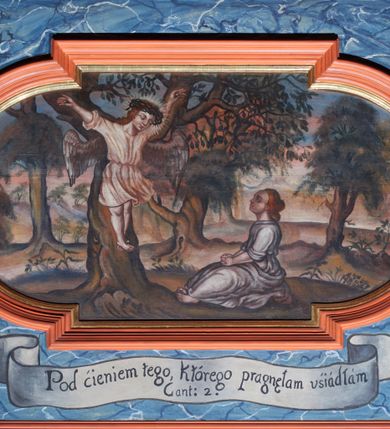 Zdjęcie nr 6: Parapet chóru muzycznego o brzegu linii wypukłej pośrodku, jednokondygnacyjny, siedmioosiowy z dwiema ściankami bocznymi na zakończeniu. Poszczególne osie wydzielone są kolumienkami wspartymi na bazach i niskich cokołach, od dołu ujętymi złoconymi szyszkami, zwieńczone fantazyjnymi kapitelami. Podpory podtrzymują imposty zdobione rozetami oraz niepełne belkowanie w postaci profilowanego gzymsu, wyłamanego na ich osi. W poszczególnych kwaterach umieszczonych jest siedem płycin w kształcie leżących prostokątów, naprzemiennie o bokach ściętych i o bokach wypukłych z uskokami; a na ściankach bocznych dwie płyciny w kształcie stojących prostokątów; w polu znajdują się malowane na desce obrazy. Pod obrazami malowane jasnoszare wstęgi z napisami. Wszystkie osie boczne ujęte są od dołu fantazyjnie wykrojonymi kartuszami, polichromowanymi na niebiesko i ozdobionymi malowaną dekoracją akantową. Struktura jest marmoryzowana w kolorze niebieskim, kolumienki marmoryzowane na kolor różowo-czerwony, profilowania czerwone i bordowe, ornamenty złocone. 

Pierwszy obraz od lewej przedstawia sumarycznie oddany krajobraz z roślinnością na pierwszym planie oraz wysokimi, brązowymi drzewami po prawej stronie. W górnej części kompozycji widnieje jasnoniebieskie niebo.

Drugi obraz ukazuje siedzącą na ziemi Duszę pod postacią człowieka z rękami rozchylającymi suknię na piersi, od której ulatują ku górze strzały. Dusza ma owalną twarz, duże oczy, długi nos oraz duże, delikatnie rozchylone usta. Głowę okalają bujne, średniej długości, rude włosy. Ubrana jest w długą i białą suknię, podkreśloną wyraźnie czarnymi konturami na brzegu i w miejscach draperii szaty. Na jej kolanach leży łuk, a z tyłu kołczan ze strzałami. W górnej części kompozycji w otoku z chmur widnieje przedstawienie Boga pod postacią oka i pary uszu, w których stronę kierują się strzały opisane na białych banderolach westchnieniami:  „Ah!”, „vtinam!”, „Heu!”. Całość ukazana jest na tle oddalonego lasu z kaplicą po prawej stronie. Pod obrazem wstęga z napisem: „Panie przed Tobą wszelkie prágnienie moie, ÿ / wzdÿchanie moie nie iest taÿne Tobie. W Psal(mus) 37.” 

Trzeci obraz przedstawia chorą Duszę, spoczywającą na łożu, przy której czuwa siedzący na stołku Amor Boży, nakładający na nią dłonie. Dusza ubrana jest w jasną koszulę i ma głowę zawiązaną białą chustą. Anioł zwrócony jest trzy czwarte w lewo, ze skrzydłami u pleców i ze skrzyżowanymi nogami. Ubrany jest w jasnoróżową tunikę. Twarz owalna z wydatnymi ustami i dużymi oczami oraz pulchnymi policzkami, okolona krótkimi włosami i kolistym nimbem. Łoże z baldachimem ustawione jest na wysokim cokole, z zawieszoną zieloną kotarą upiętą na bokach, u spodu baldachimu wisi złocony lambrekin. Kompozycja zaaranżowana jest we wnętrzu architektonicznym z półkolistą arkadą po prawej stronie i wiszącym po lewej obrazkiem na ścianie. Pod płyciną wstęga z napisem: „Zmiłuÿ się nademną Panie, albowiem chorÿ iestem uzdow mię / Panie bo zchorzałÿ kośći moie. W Psal(mus) 6.”

Czwarta scena ukazuje Duszę zaprzągniętą w kierat. Dusza z opaską na oczach idzie z wniesionymi rękami, ustawiona tyłem w kierunku widza. Tym razem uobecniona jest pod postacią kobiety z długimi włosami, upiętymi w kok z tyłu głowy. Ubrana jest w długą, szarą suknię z podwiniętymi rękawami. Po lewej stronie obrazu Amor przytrzymuje na postronku Duszę, a w lewej ręce wnosi bicz. Fizjonomia i ubiór anioła jest analogiczny jak we wcześniejszych obrazach. Pośrodku kompozycji znajduje się kierat. Scena przedstawiona jest we wnętrzu architektonicznym z półkolistą arkadą po prawej stronie i prostokątnym oknem po lewej. Otwory ukazują krajobraz z błękitnym niebem. Pod spodem widnieje napis: „Weÿrziÿ na pokorę moię, ÿ ná  pracą moię, á odpuść / mi wszÿstkie wÿstępki moie. W Psal(mus) 24.”

Środkowa partia balustrady wyobraża tzw. krucyfiks mistyczny. Do drzewa przybity jest Amor Boży – Chrystus, a na ziemi siedzi Dusza – Oblubienica. Chrystus przybity jest do drzewa trzema gwoździami. Na głowie ma założoną koronę cierniową. Dusza siedzi na ziemi, widoczna jest z lewego profilu, ma wyprostowane nogi i splecione dłonie, złożone na kolanach, głowę kieruje w stronę Chrystusa. Fizjonomia i ubiór postaci są analogiczne, jak we wcześniejszych scenach. Całość ukazana jest na tle drzew, w oddali widoczne są skały; niebo jest różowo-niebieskie. Pod obrazem napis: „Pod ćieniem tego, którego pragnęłam uśiádłám / Cant(icum canticorum) 2.” 

Kolejny obraz ilustruje Duszę uwięzioną w klatce, do której schwytała ją Śmierć. Dusza leży na ziemi z prawą ręką wzniesioną ku górze, lewą trzyma na sakiewce z pieniędzmi. Fizjonomia i ubiór duszy są analogiczne jak na poprzednich obrazach. W klatce znajdują się również: lutnia, dzban i kielich. Po lewej stronie obrazu siedzi Śmierć pod postacią kościotrupa, która za pomocą sznurów przyciąga do siebie klatkę z Duszą. Na drugim planie harcują nieczyste moce o monstrualnych posturach, a w oddali widać wysokie płomienie. Pośrodku kompozycji znajduje się wysokie drzewo. Pod obrazem jest malowany napis: „Męki Piekielne otoczÿłÿ mię zewsząd, / uprzedźiłÿ mię śidła śmierći. W Psal(mus) 17.”

Siódmy obraz przedstawia Amora Bożego zasłaniającego oczy Duszy i odciągającego ją od damy stojącej obok. Po lewej stronie kompozycji Dusza kieruje się w lewą stronę z wyciągniętymi przed siebie rękami. Amor zasłania jej od tyłu oczy, a głowę ma skierowaną w stronę damy. Postacie te mają fizjonomię i ubiór analogiczne jak na poprzednich obrazach. Kobieta ustawiona jest po prawej stronie dzieła. Twarz ma okrągłą z dużymi oczami, czerwonymi ustami i silnie zarumienionymi policzkami. Włosy są upięte do tyłu w bujną fryzurę, spiętą czerwonymi wstążkami. Ubrana jest w jasnoczerwoną suknię z gorsetem i angażantami, na stopach ma czarne buty. W prawej dłoni trzyma kubeczek do gry, od którego odskakują piłeczki (lub według Elsa Stronksa bańki mydlane), a w lewej ma zwinięty wachlarz. Po lewej stronie obrazu widnieje wysoka skała i drzewo, po prawej roślinny krajobraz. Dzieło opisane jest słowami: „Odwroć oczÿ moie, ábÿ niewidźiałÿ márnośći. / W Psal(mus) 118.” 

Ósma scena obrazuje Sąd Ostateczny. Skulona Dusza z opaską na oczach prowadzona jest przez alegorię sprawiedliwości przed oblicze Amora Bożego. Alegoria ukazana jest jako kobieta z wagą w lewej dłoni i mieczem w prawej, końcem skierowanym ku górze, opartym o jej prawe ramię. Ubrana jest w różową suknię, niebieski płaszcz oraz hełm z różowym piórem, a oczy ma zawiązane opaską. Alegoria sprawiedliwości wraz z Duszą stają przed Amorem Bożym, zasiadającym za wysoką ławą po prawej stronie obrazu. Amor zapisuje w księdze uczynki Duszy, lewą dłoń unosi i wskazuje palec w geście roztropności. Fizjonomia i ubiór postaci są analogiczne, jak na poprzednich obrazach.  Ława zasłana jest zielonym obrusem z żółtymi frędzlami. Nad głową Amora, wmurowane są w ścianę tablice Dekalogu. Całość ukazana jest we wnętrzu architektonicznym. Pod spodem napis: „Nie wchodź wsąd zsługą twoim, albowiem nie kazdÿ / będzie usprawiedliwionÿ przed obliczem twoim W P(salmus) 11”.

Ostatni obraz, podobnie jak pierwszy na ściance bocznej, przedstawia krajobraz ze skałami i drzewami. 


