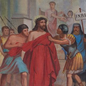 Zdjęcie nr 1: Cykl 14 obrazów w formie stojącego prostokąta w drewnianych, profilowanych i złoconych ramach. Rama od zewnątrz dekorowana motywem skręconego sznura. Od góry obrazy ujęte stylizowanym ornamentem akantowym i zwieńczone kartuszami mieszczącym rzymskie numery stacji z krzyżem. Kompozycje zamknięte, kadrowane w kilkupostaciowe sceny z tłem wypełnionym błękitnym niebem. Postacie malowane intensywnymi, kontrastowymi plamami barwnymi; twarze o delikatnie zaznaczonych rysach, ubrane w obszerne szaty, miękko kształtowane silnym światłocieniem. Chrystus ubrany jest w czerwoną suknię o szerokich rękawach oraz zieloną koronę cierniową. Postacie oprawców o muskularnych ciałach, ukazanych w śmiałych skrótach perspektywicznych. Fizjonomie postaci drugoplanowych oddane sumarycznie. U dołu sygnatury artysty. Na stacji II: „189[?] / S[tanisław] B[ryniarski]”, na stacji III: „S[tanisław] Bryniarski / 1894 r.&quot;, na stacji IV: „189[?] S[tanisław] B[ryniarski]”, na stacjach VIII i IX ta sama sygnatura „S[tanisław] B[ryniarski] / 1894”, na stacji XI: „S[tanisław] Bryniarski / 1894”, na stacjach XII I XIV: „S[tanisław] B[ryniarski]”.