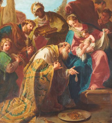 Zdjęcie nr 1: Obraz w formie stojącego prostokąta ze sceną Pokłonu Trzech Króli. Z prawej strony kompozycji siedzi Maria prezentująca Dzieciątko klęczącemu przed nią królowi. Ma trójkątną twarz, niewielkie oczy i usta, spod welonu widać jasnobrązowe, zaczesane na boki włosy. Jest ubrana w czerwoną suknię i niebieski płaszcz. Na głowie ma założony jasnobrązowy welon. Dzieciątko ukazane jest w pozycji półleżącej na białej chuście, którą Maria podtrzymuje lewą ręką wysublimowanym gestem. Przed nimi klęczy zwrócony w lewo i pochylony w dół król. Ma twarz o rysach starszego człowieka, okoloną długą i siwą brodą z długim nosem. Ubrany jest w czerwoną suknię i zielony płaszcz z gronostajową pelerynką, bogato dekorowany złotymi owocami granatu i bordiurą. Na szyi ma złoty łańcuch, który ukazuje Dzieciątku. Za nim klęczy chłopiec, zwrócony w lewo, z głową skierowaną na wprost, który w dłoniach trzyma królewską koronę, ułożoną na poduszce. Ubrany jest w koszulę z długimi rękawami oraz zieloną tunikę, zdobioną na rękawach frędzlami i chwostem. Powyżej nich stoją dwaj kolejni królowie. Obaj w pochylonych pozach. Król po lewej stronie trzyma w dłoni kadzielnicę, ubrany jest w niebieską suknię i złoty płaszcz. Trzeci król w dłoniach trzyma złotą, otwartą szkatułkę z kosztownościami. Ubrany jest w różową suknię i jasnozielony płaszcz. Na głowie ma założony złoty turban. Za nimi widać dwa wielbłądy. Po prawej stronie kompozycji stoi św. Józef, który odwraca się i szepcze do chłopca stojącego z tyłu. Powyżej kolumna i dwie uskrzydlone główki aniołków. W oddali błękitne niebo. Rama drewniana, profilowana, zdobiona dekoracją roślinną, polichromowana na czarno.

