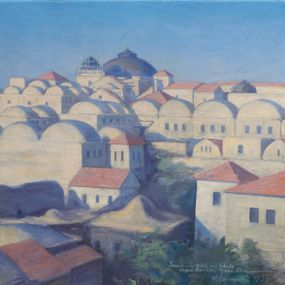 Zdjęcie nr 1: Obraz w kształcie leżącego prostokąta przedstawiający widok na bazylikę Grobu Bożego w Jerozolimie. Na pierwszym planie liczne budynki z małymi oknami w kształcie stojących prostokątów, nakryte kopułami lub cztero– i dwuspadowymi, czerwonymi daszkami. W oddali widoczna ciemna kopuła bazyliki Grobu Bożego. W górnej części kompozycji jednolite, błękitne niebo. Kolorystyka jasna, pastelowa. W prawym dolnym narożu inskrypcja „Jerozolima. Widok na Golgotę / i kopułę Bazyliki Grobu Chrystusowego / W[iktor] I[gnacy] Gutowski 1934.”