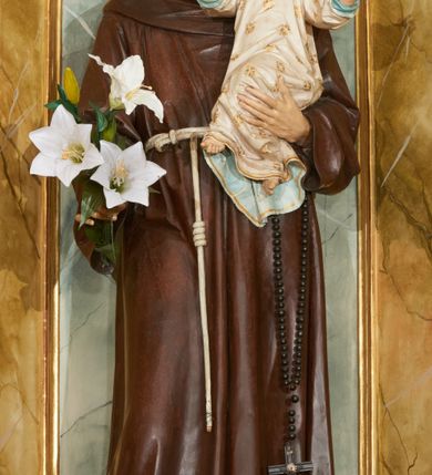 Zdjęcie nr 4: Ołtarz przyścienny, architektoniczny, jednoosiowy, jednokondygnacyjny ze zwieńczeniem. Mensa prostopadłościenna, w antepedium prostokątna, złocona rama. Prostokątna predella flankowana przed dwa wysunięte cokoły, na których ustawione są pilastry, wspierające przerwane belkowanie, zamknięte wydatnym, profilowanym gzymsem. Przed podporami ustawione są dwie figury świętych: po lewej stronie św. Teresy, a po prawej św. Kunegundy. W polu środkowym wnęka w kształcie stojącego prostokąta, zamkniętego łukiem nadwieszonym, w której umieszczona jest figura św. Antoniego Padewskiego na tle mniejszej płyciny o analogicznym kształcie. Imposty w partii fryzu ustawione są pod kątem, zdobione podwieszonymi od spodu szyszkami. Zwieńczenie w kształcie stojącego prostokąta, ujęte parą pilastrów, wspierających wyłamane belkowanie, zamknięte nad polem środkowym łukiem nadwieszonym. W polu obraz „Wniebowzięcie Najświętszej Marii Panny” w kształcie stojącego prostokąta od dołu i od góry zamkniętego łukiem nadwieszonym. Na szczycie zwieńczenia promienista gloria z monogramem maryjnym na tle obłoków. Podpory ustawione są na niskich bazach o trzonach dekorowanych płaską, skośnie oplatającą je szeroką wstęgą i o kapitelach korynckich. Boki nastawy i zwieńczenia zdobią uszaki formowane z ażurowej dekoracji rocaille’owej. Całość struktury ołtarza pokryta marmoryzacją zielono-niebieską; na cokole, fryzie, we wnęce i w zwieńczeniu cześciowo w kolorze jasnozielonym z jasnobrązowo-białym żyłkowaniem. Detale oraz profilowania pozłacane i posrebrzane. 
