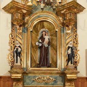 Zdjęcie nr 1: Ołtarz przyścienny, architektoniczny, jednoosiowy, jednokondygnacyjny ze zwieńczeniem. Mensa prostopadłościenna, w antepedium prostokątna, złocona rama. Prostokątna predella flankowana przed dwa wysunięte cokoły, na których ustawione są pilastry, wspierające przerwane belkowanie, zamknięte wydatnym, profilowanym gzymsem. Przed podporami ustawione są dwie figury świętych: po lewej stronie św. Teresy, a po prawej św. Kunegundy. W polu środkowym wnęka w kształcie stojącego prostokąta, zamkniętego łukiem nadwieszonym, w której umieszczona jest figura św. Antoniego Padewskiego na tle mniejszej płyciny o analogicznym kształcie. Imposty w partii fryzu ustawione są pod kątem, zdobione podwieszonymi od spodu szyszkami. Zwieńczenie w kształcie stojącego prostokąta, ujęte parą pilastrów, wspierających wyłamane belkowanie, zamknięte nad polem środkowym łukiem nadwieszonym. W polu obraz „Wniebowzięcie Najświętszej Marii Panny” w kształcie stojącego prostokąta od dołu i od góry zamkniętego łukiem nadwieszonym. Na szczycie zwieńczenia promienista gloria z monogramem maryjnym na tle obłoków. Podpory ustawione są na niskich bazach o trzonach dekorowanych płaską, skośnie oplatającą je szeroką wstęgą i o kapitelach korynckich. Boki nastawy i zwieńczenia zdobią uszaki formowane z ażurowej dekoracji rocaille’owej. Całość struktury ołtarza pokryta marmoryzacją zielono-niebieską; na cokole, fryzie, we wnęce i w zwieńczeniu cześciowo w kolorze jasnozielonym z jasnobrązowo-białym żyłkowaniem. Detale oraz profilowania pozłacane i posrebrzane. 
