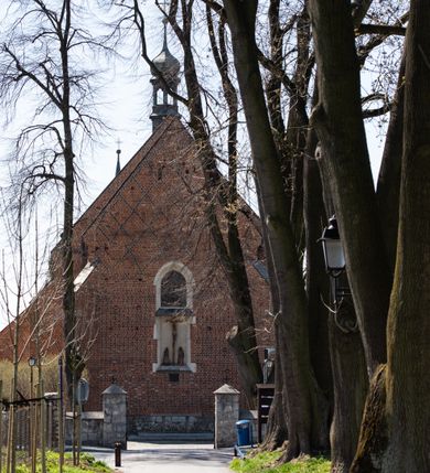 Zdjęcie nr 5: Kościół murowany z cegły, z użyciem zendrówki, na wysokim podmurowaniu z kamienia łupanego, jednonawowy, orientowany. 
Prezbiterium i nawa na planie prostokątów, nawa szersza i dłuższa od prezbiterium. Zakrystia na rzucie wydłużonego prostokąta przylega do wschodniej ściany prezbiterium, występując poza mury nawy. Prezbiterium od wschodu ujęte w narożach dwiema ukośnymi szkarpami, od południa jedną prostopadłą. Przy południowej ścianie nawy kruchta na planie kwadratu. Nawa w narożach ujęta szkarpami, od wschodu dwiema prostopadłymi, od zachodu ukośnymi. 
Prezbiterium dwuprzęsłowe, nakryte sklepieniem krzyżowo-żebrowym. Na zwornikach dwie tarcze z herbami Trzy Korony i Wieniawa. Zakrystia sklepiona kolebkowo. Nawa nakryta drewnianym stropem z kasetonami i rozetami. Kruchta sklepiona krzyżowo-żebrowo ze zwornikiem z tarczą z herbem Wieniawa. Otwór tęczowy w formie stojącego prostokąta zamkniętego łukiem ostrym. W zachodniej części nawy drewniany parapet chóru muzycznego wsparty na dwóch filarach. 
Fasada w jednej trzeciej wysokości odcięta kamiennym gzymsem kapnikowym, zakończona jodełkowym fryzem w partii muru, zwieńczona trójkątnym szczytem. Mur dekorowany zendrówką ułożoną „w zęby”, w partii szczytu w układzie rombowym. Na osi kamienny ostrołukowy portal o schodkowym nadprożu, dekorowanym krzyżującym się laskowaniem; węgary gładkie w jednej trzeciej wysokości przechodzące w piramidki i profilowanie powyżej. Nad portalem kamienna kwadratowa tablica, ujęta kamiennym obramieniem z tarczą z herbem Wieniawa. Ponad nią, na osi okulus w kamiennym obramieniu. 
Elewacje północna i południowa w części nawy w jednej trzeciej wysokości przedzielone kamiennym gzymsem kapnikowym, na zakończeniu ścian z gzymsem wieńczącym. Mur dekorowany zendrówką w układzie rombowym. Na elewacji południowej cztery okna w formie wydłużonego, stojącego prostokąta zamkniętego łukiem ostrym, w kamiennych obramieniach, podzielone laskowaniem. Południowa ściana prezbiterium zakończona gzymsem wieńczącym, w górnej części muru dekorowana zendrówką ułożoną „w zęby”. 
Szkarpy opinające nawę uskokowe, zwężające się ku górze, nakryte daszkami pulpitowymi. Szkarpy opinające prezbiterium nakryte daszkami pulpitowymi, podzielone gzymsami kapnikowymi. 
Kruchta od strony wschodniej i zachodniej podzielona kamiennym gzymsem kapnikowym, od południa zakończona gzymsem wieńczącym. Na ścianie południowej kruchty kamienny, ostrołukowy portal, o schodkowym nadprożu, dekorowanym krzyżującym się laskowaniem; węgary gładkie, w jednej trzeciej wysokości przechodzące w piramidki i profilowanie powyżej. Nad portalem kamienna tarcza z herbem Wieniawa. 
Elewacja wschodnia zwieńczona trójkątnym szczytem, w którego partii mur dekorowany jest zendrówką w układzie rombowym. Na osi okno w formie wydłużonego, stojącego prostokąta zamkniętego łukiem ostrym, w kamiennym obramieniu, zamurowane w trzech piątych wysokości, zakończone daszkiem pulpitowym. W dolnej części okna znajduje się ogrójec. 
Nawa i prezbiterium nakryte osobnymi blaszanymi dachami dwuspadowymi, kruchta i zakrystia pulpitowymi. Nad nawą blaszana wieżyczka na sygnaturkę z latarnią i hełmem baniastym.





