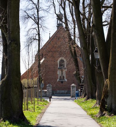 Zdjęcie nr 7: Kościół murowany z cegły, z użyciem zendrówki, na wysokim podmurowaniu z kamienia łupanego, jednonawowy, orientowany. 
Prezbiterium i nawa na planie prostokątów, nawa szersza i dłuższa od prezbiterium. Zakrystia na rzucie wydłużonego prostokąta przylega do wschodniej ściany prezbiterium, występując poza mury nawy. Prezbiterium od wschodu ujęte w narożach dwiema ukośnymi szkarpami, od południa jedną prostopadłą. Przy południowej ścianie nawy kruchta na planie kwadratu. Nawa w narożach ujęta szkarpami, od wschodu dwiema prostopadłymi, od zachodu ukośnymi. 
Prezbiterium dwuprzęsłowe, nakryte sklepieniem krzyżowo-żebrowym. Na zwornikach dwie tarcze z herbami Trzy Korony i Wieniawa. Zakrystia sklepiona kolebkowo. Nawa nakryta drewnianym stropem z kasetonami i rozetami. Kruchta sklepiona krzyżowo-żebrowo ze zwornikiem z tarczą z herbem Wieniawa. Otwór tęczowy w formie stojącego prostokąta zamkniętego łukiem ostrym. W zachodniej części nawy drewniany parapet chóru muzycznego wsparty na dwóch filarach. 
Fasada w jednej trzeciej wysokości odcięta kamiennym gzymsem kapnikowym, zakończona jodełkowym fryzem w partii muru, zwieńczona trójkątnym szczytem. Mur dekorowany zendrówką ułożoną „w zęby”, w partii szczytu w układzie rombowym. Na osi kamienny ostrołukowy portal o schodkowym nadprożu, dekorowanym krzyżującym się laskowaniem; węgary gładkie w jednej trzeciej wysokości przechodzące w piramidki i profilowanie powyżej. Nad portalem kamienna kwadratowa tablica, ujęta kamiennym obramieniem z tarczą z herbem Wieniawa. Ponad nią, na osi okulus w kamiennym obramieniu. 
Elewacje północna i południowa w części nawy w jednej trzeciej wysokości przedzielone kamiennym gzymsem kapnikowym, na zakończeniu ścian z gzymsem wieńczącym. Mur dekorowany zendrówką w układzie rombowym. Na elewacji południowej cztery okna w formie wydłużonego, stojącego prostokąta zamkniętego łukiem ostrym, w kamiennych obramieniach, podzielone laskowaniem. Południowa ściana prezbiterium zakończona gzymsem wieńczącym, w górnej części muru dekorowana zendrówką ułożoną „w zęby”. 
Szkarpy opinające nawę uskokowe, zwężające się ku górze, nakryte daszkami pulpitowymi. Szkarpy opinające prezbiterium nakryte daszkami pulpitowymi, podzielone gzymsami kapnikowymi. 
Kruchta od strony wschodniej i zachodniej podzielona kamiennym gzymsem kapnikowym, od południa zakończona gzymsem wieńczącym. Na ścianie południowej kruchty kamienny, ostrołukowy portal, o schodkowym nadprożu, dekorowanym krzyżującym się laskowaniem; węgary gładkie, w jednej trzeciej wysokości przechodzące w piramidki i profilowanie powyżej. Nad portalem kamienna tarcza z herbem Wieniawa. 
Elewacja wschodnia zwieńczona trójkątnym szczytem, w którego partii mur dekorowany jest zendrówką w układzie rombowym. Na osi okno w formie wydłużonego, stojącego prostokąta zamkniętego łukiem ostrym, w kamiennym obramieniu, zamurowane w trzech piątych wysokości, zakończone daszkiem pulpitowym. W dolnej części okna znajduje się ogrójec. 
Nawa i prezbiterium nakryte osobnymi blaszanymi dachami dwuspadowymi, kruchta i zakrystia pulpitowymi. Nad nawą blaszana wieżyczka na sygnaturkę z latarnią i hełmem baniastym.





