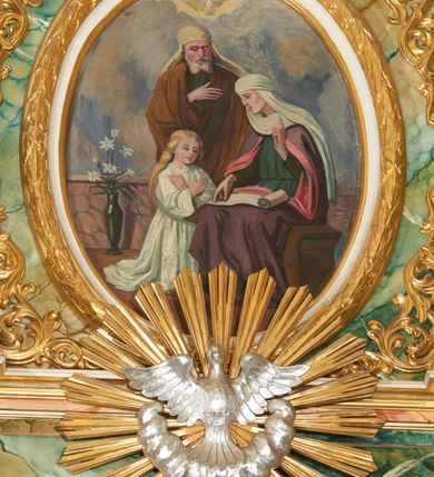 Zdjęcie nr 8: Ołtarz przyścienny, architektoniczny, jednoosiowy, jednokondygnacyjny ze zwieńczeniem. Mensa prostopadłościenna, w antepedium prostokątna płycina ujęta parą kolumienek wspartych na cokołach, ozdobiona aplikowanym krzyżem i dwiema ukośnie spiętymi gałązkami z liśćmi i kwiatami. Retabulum ustawione na wysokim, dwustrefowym cokole, zamkniętym wyłamanym i profilowanym gzymsem. Nastawa ołtarzowa ujęta parą filarów i kolumn ustawionych na tle pilastrów. Trzony kolumn do jednej trzeciej wysokości spiralnie skręcone, powyżej gładkie z grawerowaną wicią winorośli; trzony pilastrów wypełnione prostokątnymi płycinami ze stylizowaną wicią roślinną; kapitele podpór korynckie. Podpory wspierają wyłamane belkowanie, przerwane nad częścią środkową, zamknięte wydatnym, profilowanym gzymsem. W polu środkowym nastawy zamknięta trójbocznie wnęka ze zdwojoną ramą w kształcie stojącego prostokąta, zamkniętego łukiem wklęsło-wypukłym z uskokami z rzeźbą Matki Boskiej z Dzieciątkiem oraz obrazami „Św. Józef” oraz „Św. Agnieszka” na zasuwie. Na osi filarów, w partii belkowania ustawione są pod kątem imposty, podtrzymywane przez płaskie i stylizowane muszle; pośrodku gołębica Ducha Świętego na tle promienistej glorii, a poniżej dwie płaskorzeźbione figury aniołów.  Zwieńczenie w kształcie stojącego prostokąta, ujęte parą ukośnie dostawionych filarów, wspierających wyłamane belkowanie. W polu środkowym owalny obraz „Nauczanie Marii”. Na szczycie zwieńczenia figura św. Michała Archanioła. Dekoracja ornamentalna: przednie ścianki cokołów dekorowane rozetami, po bokach cokołów owalne kartusze ujęte stylizowanymi liśćmi akantu; fryz dekorowany rozetami kwiatowymi; po bokach zwieńczenia uszaki formowane z ażurowej wici roślinnej. Całość struktury ołtarza pokryta marmoryzacją zielono-niebieską; w dolnej części cokołu, w płycinach i w partiach belkowania w kolorze czerwono-pomarańczowym. Detale oraz profilowania pozłacane i posrebrzane. 
