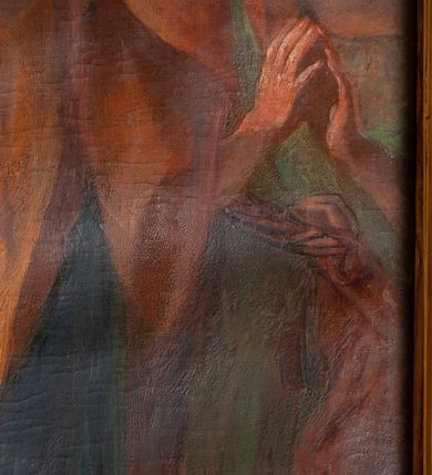 Zdjęcie nr 4: Ołtarz architektoniczny, jednokondygnacyjny, jednoosiowy, ze zwieńczeniem. Ołtarz sarkofagowy, z drewnianą mensą. Retabulum osadzone na wysokim, zdwojonym cokole o skośnie zryzalitowanych bokach. Część środkową ujmują zwielokrotnione pilastry oraz para kolumn. Podpory wspierają wyłamujące się ponad nimi belkowanie przerwane w partii architrawu i fryzu. Zwieńczenie ujęte parą spływów wolutowych, zamknięte fragmentem gzymsu w kształcie półkolistego łuku nadwieszonego, po bokach flankowane przerwanym, wolutowym przyczółkiem. Pola cokołów retabulum wypełnione stylizowaną ornamentyką roślinną, pośrodku płaskorzeźbiona scena Zwiastowania ujęta wąską, złoconą ramką. Kapitele kolumn i pilastrów zdobione motywami rozetek. Pośrodku belkowania kartusz o fantazyjnym wykroju. Szczyt zwieńczenia w formie promienistej glorii z ujętym wieńcem obłoków trójkątem w monogramem maryjnym. Na przerwanym przyczółku para aniołków. Pole części środkowej w kształcie stojącego prostokąta zamkniętego półkolistym łukiem nadwieszonym. W środku przedstawienie św. Antoniego Padewskiego, na zasuwie św. Józef. W polu zwieńczenia obraz w kształcie trapezu o wklęsłych ramionach i ściętych dolnych narożach, zamkniętego półkolistym łukiem nadwieszonym, ujęty profilowaną, złoconą ramą, z wizerunkiem św. Jana Kantego. Po bokach retabulum, na przymocowanych do ścian kościoła konsolach para rzeźb, po prawej stronie św. Jan Nepomucen, po lewej św. Stanisław Kostka. 
Struktura retabulum w kolorze niebiskim, płycina antepedium w  odcieniu łososiowym, detal architektoniczny i ornamentyka złocone i srebrzone.   
