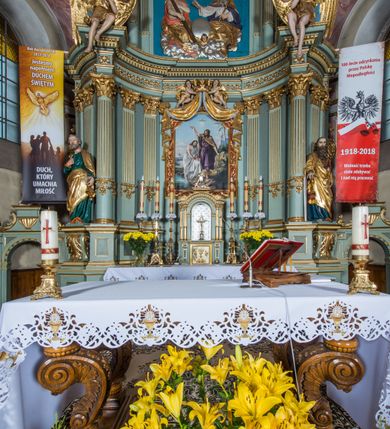 Zdjęcie nr 5: Ołtarz główny uzyskał formę przyściennej, dwukondygnacyjnej, neoklasycystycznej nastawy wzniesionej na rzucie elipsy z bocznymi bramkami. Stipes ołtarzowy uzyskał kształt leżącego prostopadłościanu podtrzymującego drewnianą mensę z portatylem. Jego lico dekorowane jest trzema równoległymi płycinami utworzonymi ze złoconych, profilowanych listew. Na mensie ustawiono prostopadłościenne tabernakulum w formie skrzynki flankowane parą pilastrów podtrzymujących nastawę tronu eucharystycznego. Ujmują go po bokach pary złoconych kolumn z korynckimi kapitelami podtrzymujące belkowanie wygięte na osi półkoliście. Na zwieńczeniu tabernakulum ustawiono leżącego na zamkniętej księdze z siedmioma pieczęciami srebrnego baranka apokaliptycznego na tle srebrzonych promieni. Pomiędzy kolumnami w polu zainstalowano obrotowy bęben z dwiema półkolistymi niszami. Retabulum zostało wsparte na wysokim cokole. Dolną kondygnację artykułują zwielokrotnione pilastry o kanelowanych trzonach i złoconych, kompozytowych głowicach oraz dwie wysunięte do przodu kanelowane kolumny o kapitelach kompozytowych. Podpory podtrzymują szeroki architraw wklęsło-wypukły dekorowany motywami roślinnymi oraz perełkami i ząbkami, wyłamany na przedłużeniu kolumn. W miejscu wyłamań usytuowano siedzących dwóch uskrzydlonych aniołów. Po bokach kolumn na konsolach ustawiono figury św. Piotra i św. Pawła. Boki ołtarza zamykają ażurowe wici roślinne pełniące rolę zredukowanych uszaków. W polu środkowym retabulum umieszczono prostokątne obramienie utworzone z dekoracyjnej ramy zdobionej wicią roślinną oraz podwieszonego u jej góry paludamentum z koroną podtrzymywaną przez dwa aniołki. W środku zainstalowano obraz Matki Boskiej Śnieżnej, a na zasuwie przedstawienie Chrztu Chrystusa w Jordanie. Zwieńczenie nastawy uzyskało kształt leżącego prostokąta flankowanego po bokach parą kanelowanych pilastrów o korynckich głowicach, na tle których ustawiono dwie kolumny podtrzymujących przerwane belkowanie z przerwanym przyczółkiem. Na osi zwieńczenia na postumencie ustawiono rzeźbę św. Michała Archanioła, a na przyczółkach rzeźby dwóch siedzących aniołów. W polu między pilastrami i kolumnami znalazło się płaskorzeźbione przedstawienie Trójcy Przenajświętszej. Dwie flankujące retabulum bramki ozdobiono dwoma aniołkami siedzącymi na ich zwieńczeniu na postumencie. Struktura całości pomalowane jest na zielono, ornamenty i profile wyzłocono, a rzeźby otrzymały naturalistyczną polichromię.