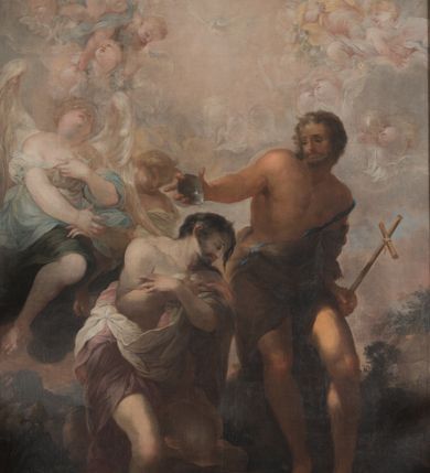 Zdjęcie nr 3: Na niskim postumencie, na rzucie prostokąta z łukiem nadwieszonym od przodu osadzony ołtarz prostopadłościenny. Antepedium marmoryzowane z owalnym polem i rytym przedstawieniem głowy św. Jana Chrzciciela na tacy spoczywającej na postumencie ze skrzyżowanymi szablą i krzyżem oraz banderolą z inskrypcją „ECCE AGNUS DEI”. Zasadniczą część ołtarza stanowi obraz w kształcie stojącego prostokąta w bogato profilowanej, szerokiej ramie, ujętej dwoma aniołami. Obaj stoją na skłębionych obłokach, ukazani frontalnie, w silnym kontrapoście. Ubrani są w przylegające do ich ciał szaty, modelowane swobodnie, silnie drapowane i marszczone. Anioł po lewej głowę zwraca w kierunku obrazu i unosi wysoko złożone w geście modlitwy ręce. Drugi anioł również zwraca się w kierunku obrazu, prawą rękę trzyma na piersi, lewą na wysokości bioder. Obaj mają rozłożyste skrzydła o gęstych piórach. Ramę wieńczy profilowany gzyms wyłamany półkoliście pośrodku z ukośnymi odcinkami na bokach o lekko wklęsłych krawędziach z podwieszonymi pod nie żłobkowanymi impostami, pod którymi unoszące je putta. Nad gzymsem pośrodku siedzi na obłoku z główkami aniołków anioł z rozłożystymi skrzydłami, trzymający w rękach banderolę z napisem „ECCE AGNUS DEI”. Po bokach gzymsu osadzone na nim obłoki z główkami aniołków. Ołtarz z wielobarwną marmoryzacją w dolnej części, czarną ramą i białą dekoracją rzeźbiarską.