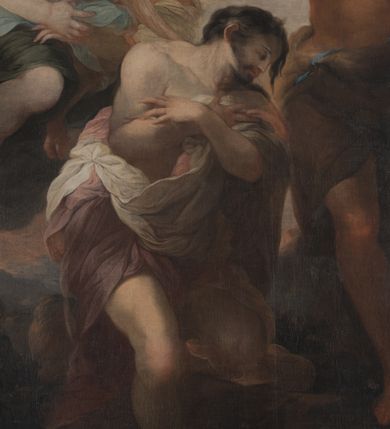 Zdjęcie nr 8: Na niskim postumencie, na rzucie prostokąta z łukiem nadwieszonym od przodu osadzony ołtarz prostopadłościenny. Antepedium marmoryzowane z owalnym polem i rytym przedstawieniem głowy św. Jana Chrzciciela na tacy spoczywającej na postumencie ze skrzyżowanymi szablą i krzyżem oraz banderolą z inskrypcją „ECCE AGNUS DEI”. Zasadniczą część ołtarza stanowi obraz w kształcie stojącego prostokąta w bogato profilowanej, szerokiej ramie, ujętej dwoma aniołami. Obaj stoją na skłębionych obłokach, ukazani frontalnie, w silnym kontrapoście. Ubrani są w przylegające do ich ciał szaty, modelowane swobodnie, silnie drapowane i marszczone. Anioł po lewej głowę zwraca w kierunku obrazu i unosi wysoko złożone w geście modlitwy ręce. Drugi anioł również zwraca się w kierunku obrazu, prawą rękę trzyma na piersi, lewą na wysokości bioder. Obaj mają rozłożyste skrzydła o gęstych piórach. Ramę wieńczy profilowany gzyms wyłamany półkoliście pośrodku z ukośnymi odcinkami na bokach o lekko wklęsłych krawędziach z podwieszonymi pod nie żłobkowanymi impostami, pod którymi unoszące je putta. Nad gzymsem pośrodku siedzi na obłoku z główkami aniołków anioł z rozłożystymi skrzydłami, trzymający w rękach banderolę z napisem „ECCE AGNUS DEI”. Po bokach gzymsu osadzone na nim obłoki z główkami aniołków. Ołtarz z wielobarwną marmoryzacją w dolnej części, czarną ramą i białą dekoracją rzeźbiarską.