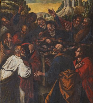 Zdjęcie nr 2: Obraz w kształcie stojącego prostokąta zamkniętego od góry łukiem półkolistym, ujęty w złoconą, profilowaną ramę. Kompozycja wielopostaciowa, dwustrefowa. W dolnej części obrazu przedstawiona grupa dwunastu apostołów skupionych wokół pustego grobu Marii, ukazanych na tle rozległego pejzażu z widocznymi w tle zabudowaniami oraz zamkiem. W górnej strefie ukazujące się w obłokach uskrzydlone główki anielskie. Grobowiec Marii kamienny, ustawiony na dwustopniowym podwyższeniu, ukazany skrócie perspektywicznym. Na pierwszym planie ustawieni częściowo tyłem św. Piotr ukazany jako starszy, siwy mężczyzna w granatowej szacie i brązowym płaszczu oraz św. Jan Ewangelista, który został przedstawiony jako młodzieniec o twarzy pozbawionej zarostu ubrany w obszerny, czerwony płaszcz. Nieco z lewej grupa kolejnych apostołów ze św. Pawłem w czerwonym płaszczu na czele. Postaci zwracają się w kierunku grobowca, zaglądając do jego wnętrza. Na dalszym planie kolejni uczniowie Chrystusa pochylający się nad grobowcem oraz wykonujący dynamiczne gesty, m.in. wskazujący na niebo. Wszyscy apostołowie, poza św. Janem Ewangelistą zostali ukazani jako brodaci, dojrzali mężczyźni o twarzach z widocznymi zmarszczkami. Kolorystka obrazu ciemna, ciepła z dominacją brązów i czerni.