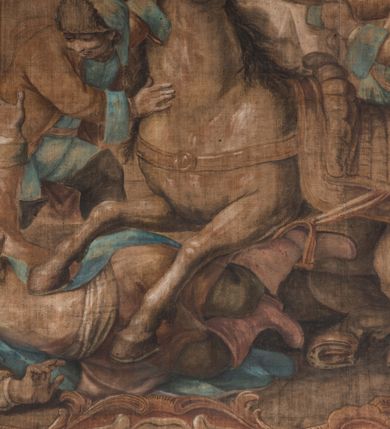 Zdjęcie nr 7: Obraz w fantazyjnej ramie ujętej szeroką, malowaną bordiurą, z girlandami z kwiatów podwieszonymi pod górną krawędzią z główką aniołka. Ukazuje scenę tratowania przez konia Tomasza Szreniawskiego. U dołu kartusz z napisem &quot;CRVS EQUI LAPSV FRACTVM / CONSOLIDATUR ET FACVLTAS MOTVS / RESTITVITVR&quot;.
