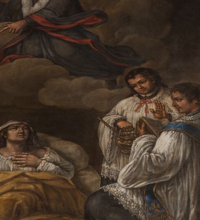 Zdjęcie nr 4: Obraz w fantazyjnej ramie ujętej szeroką, malowaną bordiurą, z girlandami z kwiatów podwieszonymi pod górną krawędzią z główką aniołka. Ukazuje scenę uzdrowienia z wysokiej gorączki Marianny Gawlickiej, leżącej na łożu, w towarzystwie dwóch modlących się księży w białych komżach z postacią mężczyzny wyłaniającego się zza lewej krawędzi. Na modlitewniku jednego z duchownych napis &quot;Józef, Cholewicz, 1878, odnowił&quot;. Nad nimi unosi się w chmurach Jan Kanty w stroju profesorskim. U dołu kartusz z napisem &quot;MARIANNA GAVLICKA A GRAVI/FEBRE IN MORTEM ADDVCTA MOX / CONUALESCIT&quot;. 