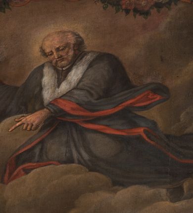 Zdjęcie nr 8: Obraz w fantazyjnej ramie ujętej szeroką, malowaną bordiurą, z girlandami z kwiatów podwieszonymi pod górną krawędzią z główką aniołka. Ukazuje scenę uzdrowienia z wysokiej gorączki Marianny Gawlickiej, leżącej na łożu, w towarzystwie dwóch modlących się księży w białych komżach z postacią mężczyzny wyłaniającego się zza lewej krawędzi. Na modlitewniku jednego z duchownych napis "Józef, Cholewicz, 1878, odnowił". Nad nimi unosi się w chmurach Jan Kanty w stroju profesorskim. U dołu kartusz z napisem "MARIANNA GAVLICKA A GRAVI/FEBRE IN MORTEM ADDVCTA MOX / CONUALESCIT". 