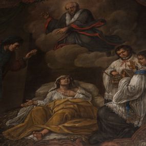 Zdjęcie nr 1: Obraz w fantazyjnej ramie ujętej szeroką, malowaną bordiurą, z girlandami z kwiatów podwieszonymi pod górną krawędzią z główką aniołka. Ukazuje scenę uzdrowienia z wysokiej gorączki Marianny Gawlickiej, leżącej na łożu, w towarzystwie dwóch modlących się księży w białych komżach z postacią mężczyzny wyłaniającego się zza lewej krawędzi. Na modlitewniku jednego z duchownych napis "Józef, Cholewicz, 1878, odnowił". Nad nimi unosi się w chmurach Jan Kanty w stroju profesorskim. U dołu kartusz z napisem "MARIANNA GAVLICKA A GRAVI/FEBRE IN MORTEM ADDVCTA MOX / CONUALESCIT". 