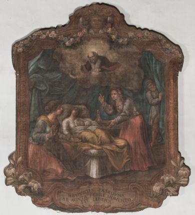 Zdjęcie nr 1: Obraz w fantazyjnej ramie ujętej szeroką, malowaną bordiurą, z girlandami z kwiatów podwieszonymi pod górną krawędzią z główką aniołka. Dzieło przedstawia scenę uzdrowienia chorej Jadwigi Paskówny, leżącej na łożu w towarzystwie dwóch piastunek i mężczyzny wyłaniającego się zza kotary. Nad nimi unosi się w chmurach św. Jan Kanty w stroju profesorskim. U dołu kartusz z napisem "HEDVIGIS PASKOVNA / AB ACVIA FEBRE MOMENTO / FIT LIBERA".  