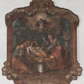 Zdjęcie nr 1: Obraz w fantazyjnej ramie ujętej szeroką, malowaną bordiurą, z girlandami z kwiatów podwieszonymi pod górną krawędzią z główką aniołka. Dzieło przedstawia scenę uzdrowienia chorej Jadwigi Paskówny, leżącej na łożu w towarzystwie dwóch piastunek i mężczyzny wyłaniającego się zza kotary. Nad nimi unosi się w chmurach św. Jan Kanty w stroju profesorskim. U dołu kartusz z napisem &quot;HEDVIGIS PASKOVNA / AB ACVIA FEBRE MOMENTO / FIT LIBERA&quot;.  