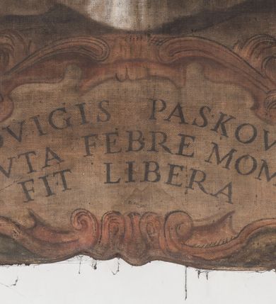 Zdjęcie nr 9: Obraz w fantazyjnej ramie ujętej szeroką, malowaną bordiurą, z girlandami z kwiatów podwieszonymi pod górną krawędzią z główką aniołka. Dzieło przedstawia scenę uzdrowienia chorej Jadwigi Paskówny, leżącej na łożu w towarzystwie dwóch piastunek i mężczyzny wyłaniającego się zza kotary. Nad nimi unosi się w chmurach św. Jan Kanty w stroju profesorskim. U dołu kartusz z napisem "HEDVIGIS PASKOVNA / AB ACVIA FEBRE MOMENTO / FIT LIBERA".  