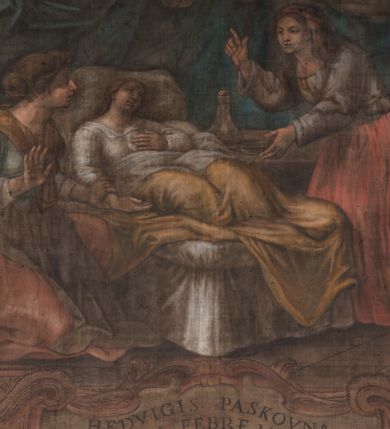 Zdjęcie nr 11: Obraz w fantazyjnej ramie ujętej szeroką, malowaną bordiurą, z girlandami z kwiatów podwieszonymi pod górną krawędzią z główką aniołka. Dzieło przedstawia scenę uzdrowienia chorej Jadwigi Paskówny, leżącej na łożu w towarzystwie dwóch piastunek i mężczyzny wyłaniającego się zza kotary. Nad nimi unosi się w chmurach św. Jan Kanty w stroju profesorskim. U dołu kartusz z napisem &quot;HEDVIGIS PASKOVNA / AB ACVIA FEBRE MOMENTO / FIT LIBERA&quot;.  