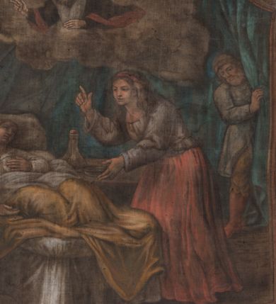 Zdjęcie nr 18: Obraz w fantazyjnej ramie ujętej szeroką, malowaną bordiurą, z girlandami z kwiatów podwieszonymi pod górną krawędzią z główką aniołka. Dzieło przedstawia scenę uzdrowienia chorej Jadwigi Paskówny, leżącej na łożu w towarzystwie dwóch piastunek i mężczyzny wyłaniającego się zza kotary. Nad nimi unosi się w chmurach św. Jan Kanty w stroju profesorskim. U dołu kartusz z napisem "HEDVIGIS PASKOVNA / AB ACVIA FEBRE MOMENTO / FIT LIBERA".  