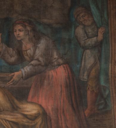 Zdjęcie nr 4: Obraz w fantazyjnej ramie ujętej szeroką, malowaną bordiurą, z girlandami z kwiatów podwieszonymi pod górną krawędzią z główką aniołka. Dzieło przedstawia scenę uzdrowienia chorej Jadwigi Paskówny, leżącej na łożu w towarzystwie dwóch piastunek i mężczyzny wyłaniającego się zza kotary. Nad nimi unosi się w chmurach św. Jan Kanty w stroju profesorskim. U dołu kartusz z napisem "HEDVIGIS PASKOVNA / AB ACVIA FEBRE MOMENTO / FIT LIBERA".  