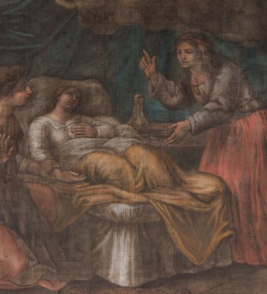 Zdjęcie nr 14: Obraz w fantazyjnej ramie ujętej szeroką, malowaną bordiurą, z girlandami z kwiatów podwieszonymi pod górną krawędzią z główką aniołka. Dzieło przedstawia scenę uzdrowienia chorej Jadwigi Paskówny, leżącej na łożu w towarzystwie dwóch piastunek i mężczyzny wyłaniającego się zza kotary. Nad nimi unosi się w chmurach św. Jan Kanty w stroju profesorskim. U dołu kartusz z napisem &quot;HEDVIGIS PASKOVNA / AB ACVIA FEBRE MOMENTO / FIT LIBERA&quot;.  