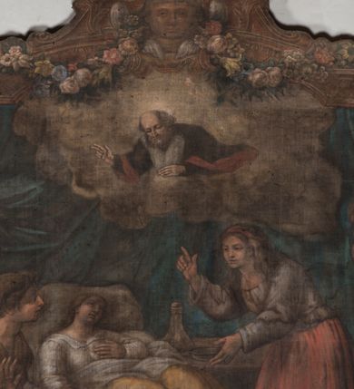 Zdjęcie nr 8: Obraz w fantazyjnej ramie ujętej szeroką, malowaną bordiurą, z girlandami z kwiatów podwieszonymi pod górną krawędzią z główką aniołka. Dzieło przedstawia scenę uzdrowienia chorej Jadwigi Paskówny, leżącej na łożu w towarzystwie dwóch piastunek i mężczyzny wyłaniającego się zza kotary. Nad nimi unosi się w chmurach św. Jan Kanty w stroju profesorskim. U dołu kartusz z napisem "HEDVIGIS PASKOVNA / AB ACVIA FEBRE MOMENTO / FIT LIBERA".  