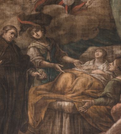 Zdjęcie nr 9: Obraz w fantazyjnej ramie ujętej szeroką, malowaną bordiurą, z girlandami z kwiatów podwieszonymi pod górną krawędzią z główką aniołka. Ukazuje cierpiącego na łożu Sebastiana Luzarka z dwiema kobietami u boku i zakonnikiem w brązowym habicie z mieszkiem w ręku i z unoszącym się św. Janem Kantym w todze uniwersyteckiej. U dołu kartusz z napisem: "NOUENNIS PVER APHTHISI / CONFIRMATA REPENTE / CONUALESCIT".