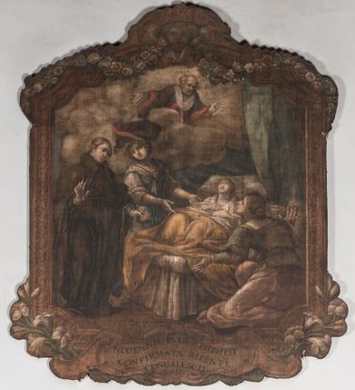 Zdjęcie nr 1: Obraz w fantazyjnej ramie ujętej szeroką, malowaną bordiurą, z girlandami z kwiatów podwieszonymi pod górną krawędzią z główką aniołka. Ukazuje cierpiącego na łożu Sebastiana Luzarka z dwiema kobietami u boku i zakonnikiem w brązowym habicie z mieszkiem w ręku i z unoszącym się św. Janem Kantym w todze uniwersyteckiej. U dołu kartusz z napisem: "NOUENNIS PVER APHTHISI / CONFIRMATA REPENTE / CONUALESCIT".