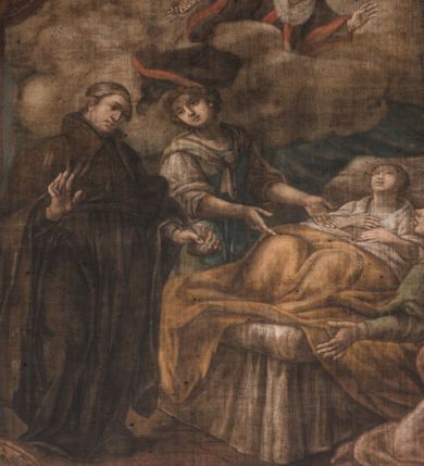 Zdjęcie nr 11: Obraz w fantazyjnej ramie ujętej szeroką, malowaną bordiurą, z girlandami z kwiatów podwieszonymi pod górną krawędzią z główką aniołka. Ukazuje cierpiącego na łożu Sebastiana Luzarka z dwiema kobietami u boku i zakonnikiem w brązowym habicie z mieszkiem w ręku i z unoszącym się św. Janem Kantym w todze uniwersyteckiej. U dołu kartusz z napisem: &quot;NOUENNIS PVER APHTHISI / CONFIRMATA REPENTE / CONUALESCIT&quot;.